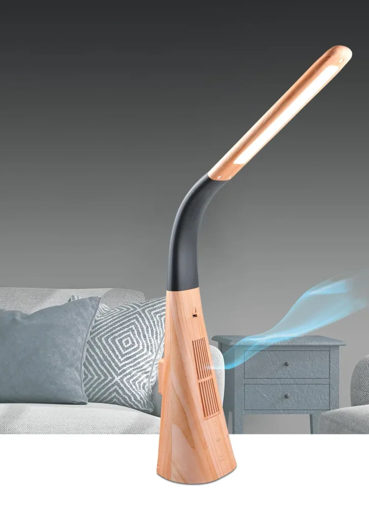 LED table lamp "Ionic Light" with integrated air freshener in wood look