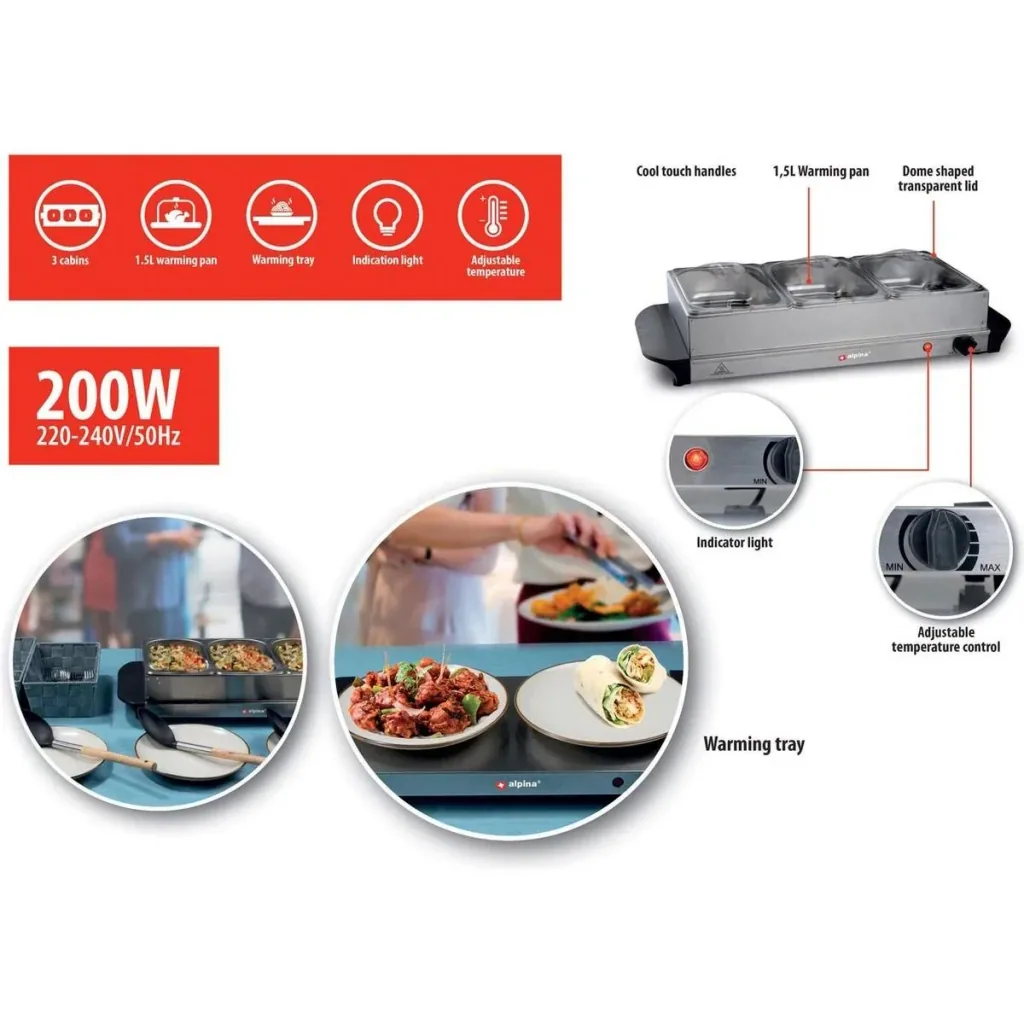 Buffet warmer - 3 compartments 1.25 liters - heating plate - thermostat
