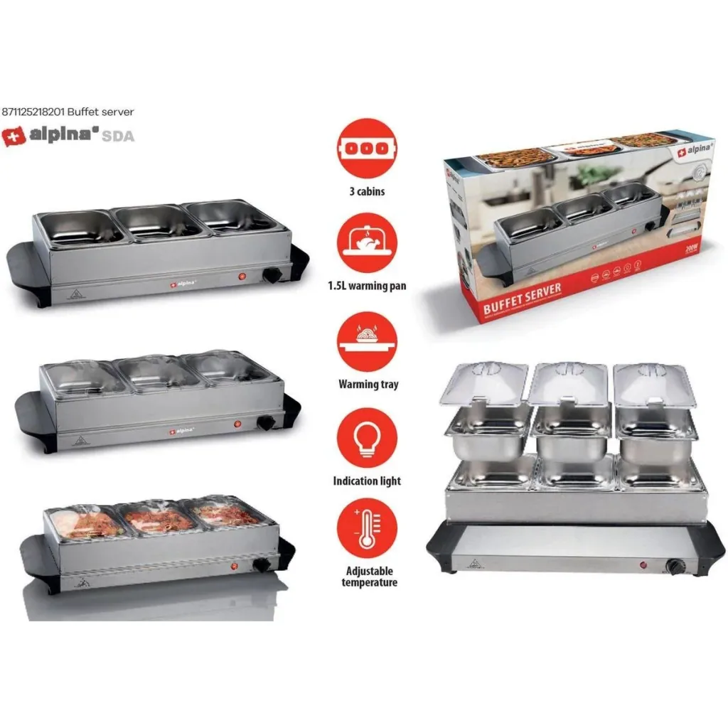 Buffet warmer - 3 compartments 1.25 liters - heating plate - thermostat