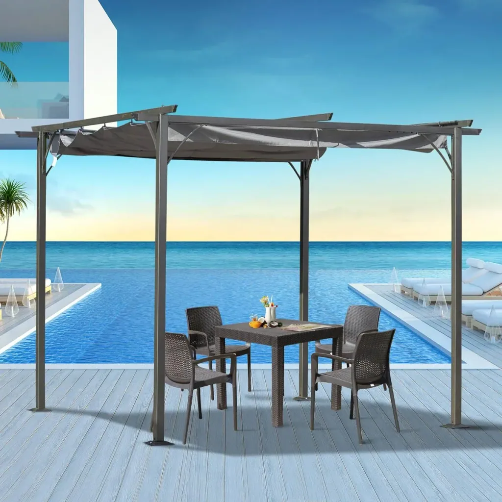 Pergola with sliding roof, black and grey, 3 x 3 m
