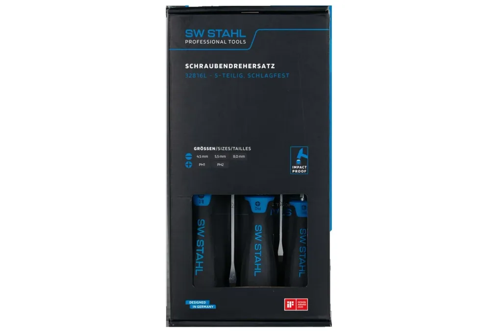 Screwdriver set, impact-resistant, slotted and Phillips, 5 pieces