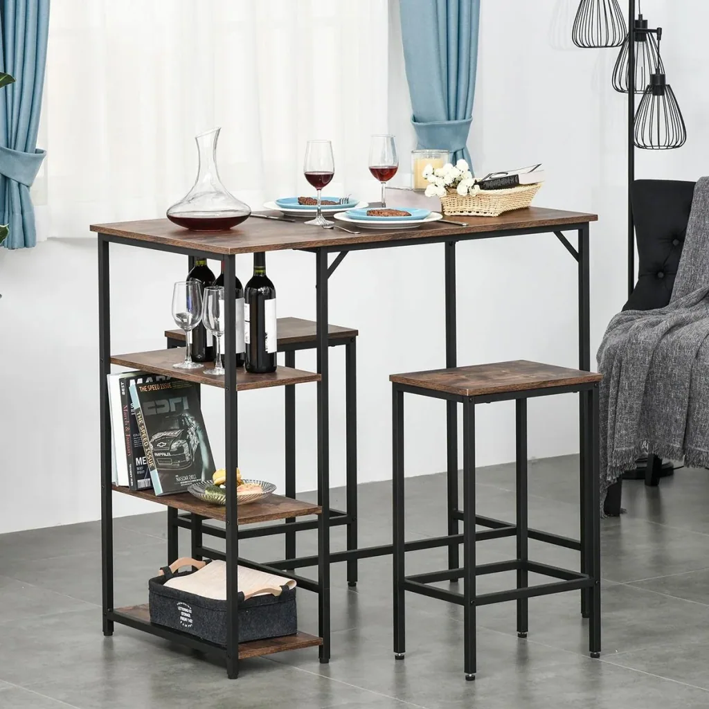 Bar table set, high table with 2 bar stools, 3-piece table set, kitchen counter with shelves, chipboard, steel, rustic brown+sc