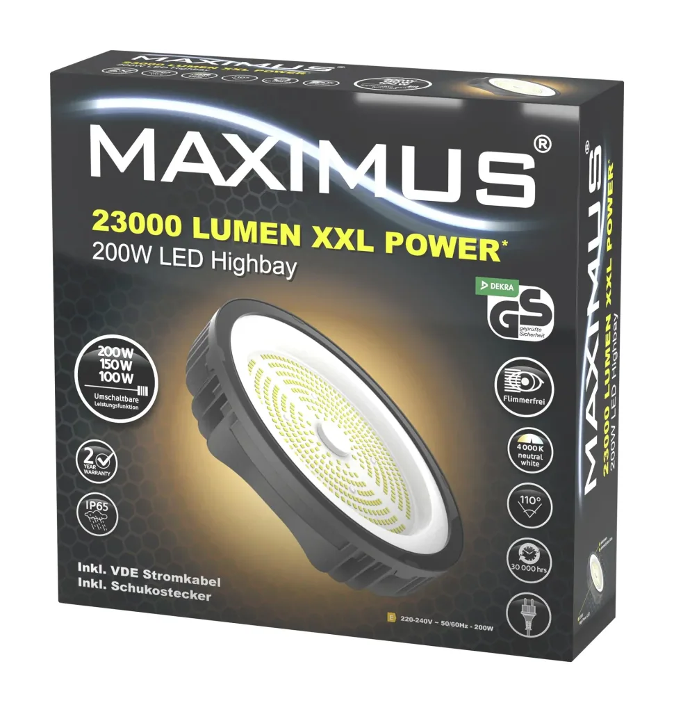 LED high bay light 200 watts, 23000 lumens, power controller, neutral white