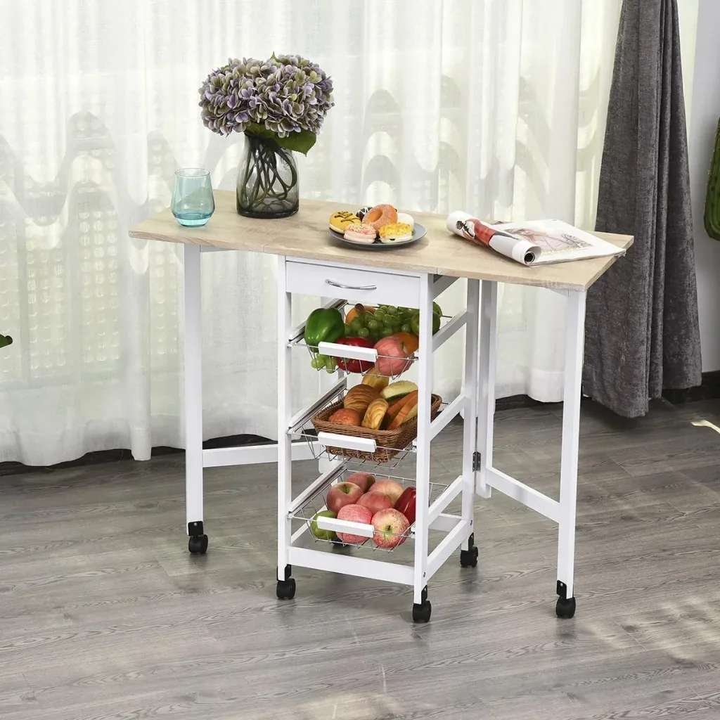 Kitchen trolley foldable trolley serving trolley drawer with 3 baskets 6 universal wheels for kitchens natural + white