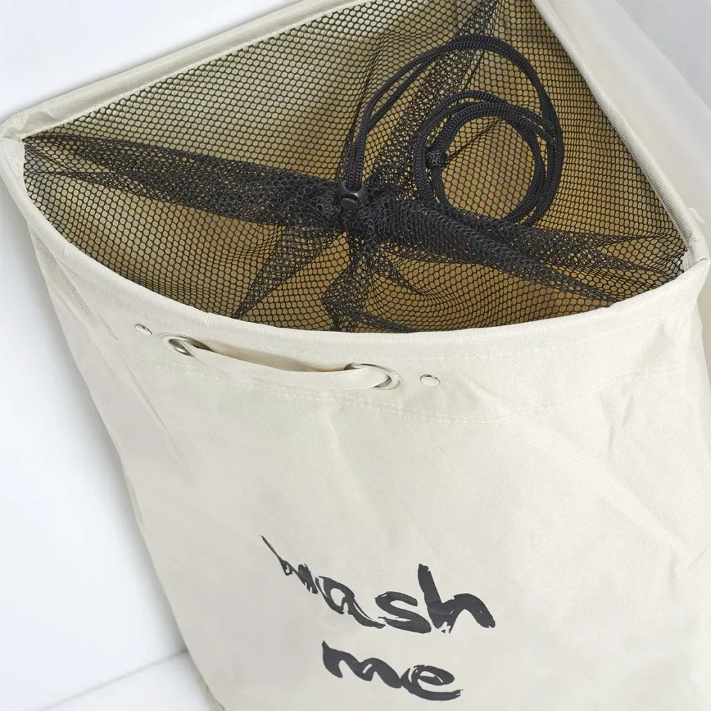 Corner laundry basket "Wash me", polyester, beige
