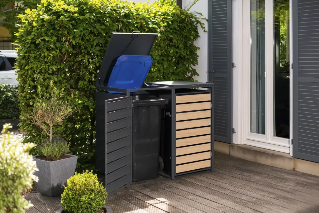 Cache-poubelle Lacina pour 2x 240 L, 132×80×116 cm, aspect bois – acier thermolaqué