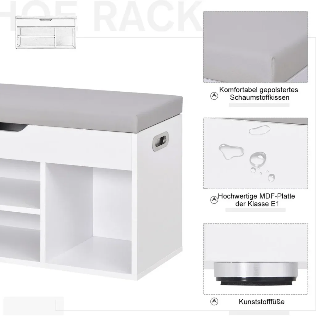 Bench with shoe rack and storage space under upholstered seat White