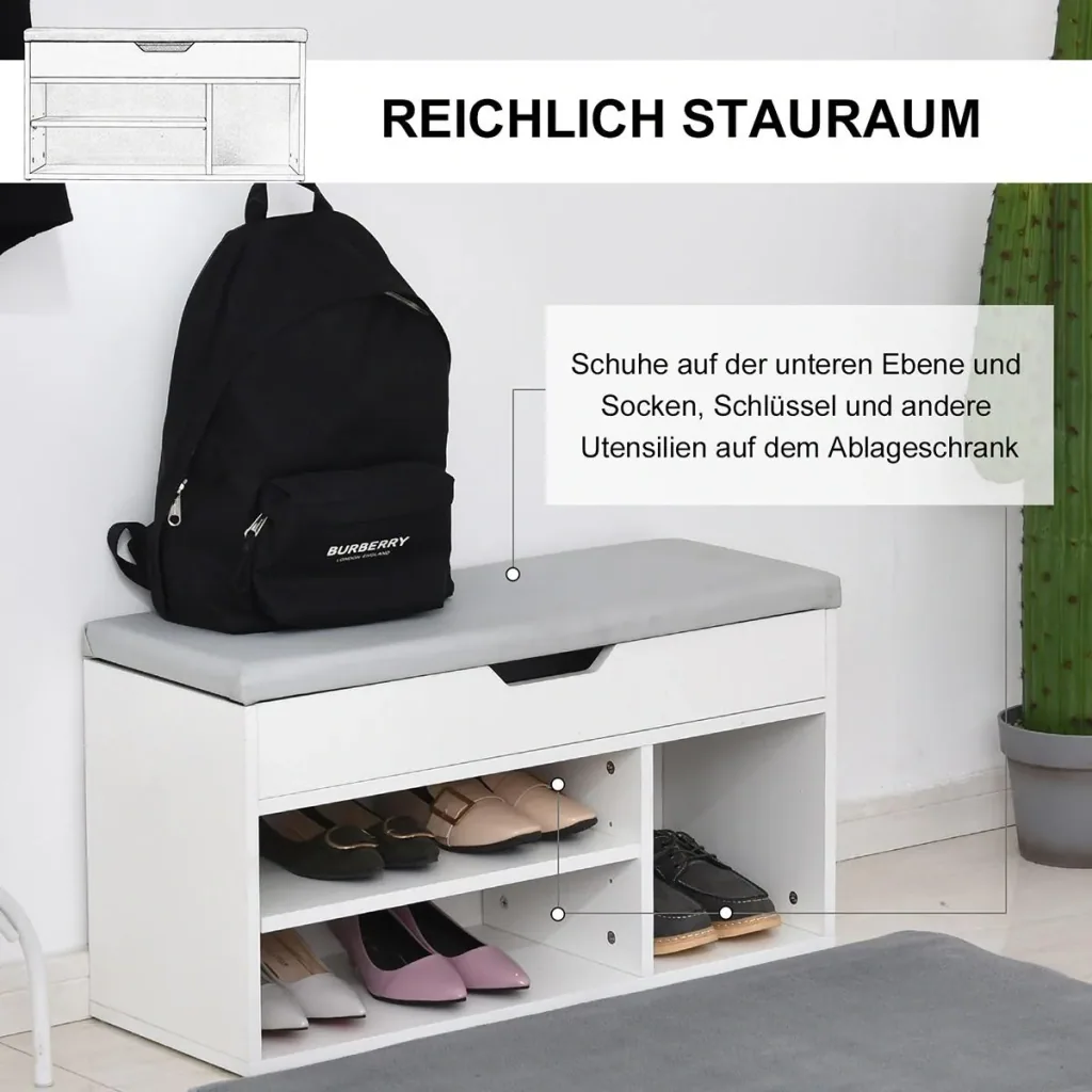 Bench with shoe rack and storage space under upholstered seat White