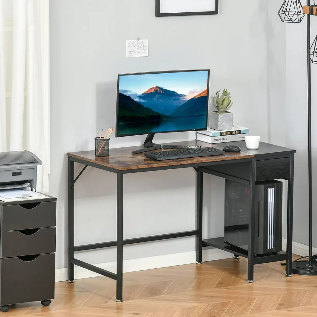 Desk with shelf computer desk height adjustable office table chipboard metal rustic brown+black 120 x 60 x 75