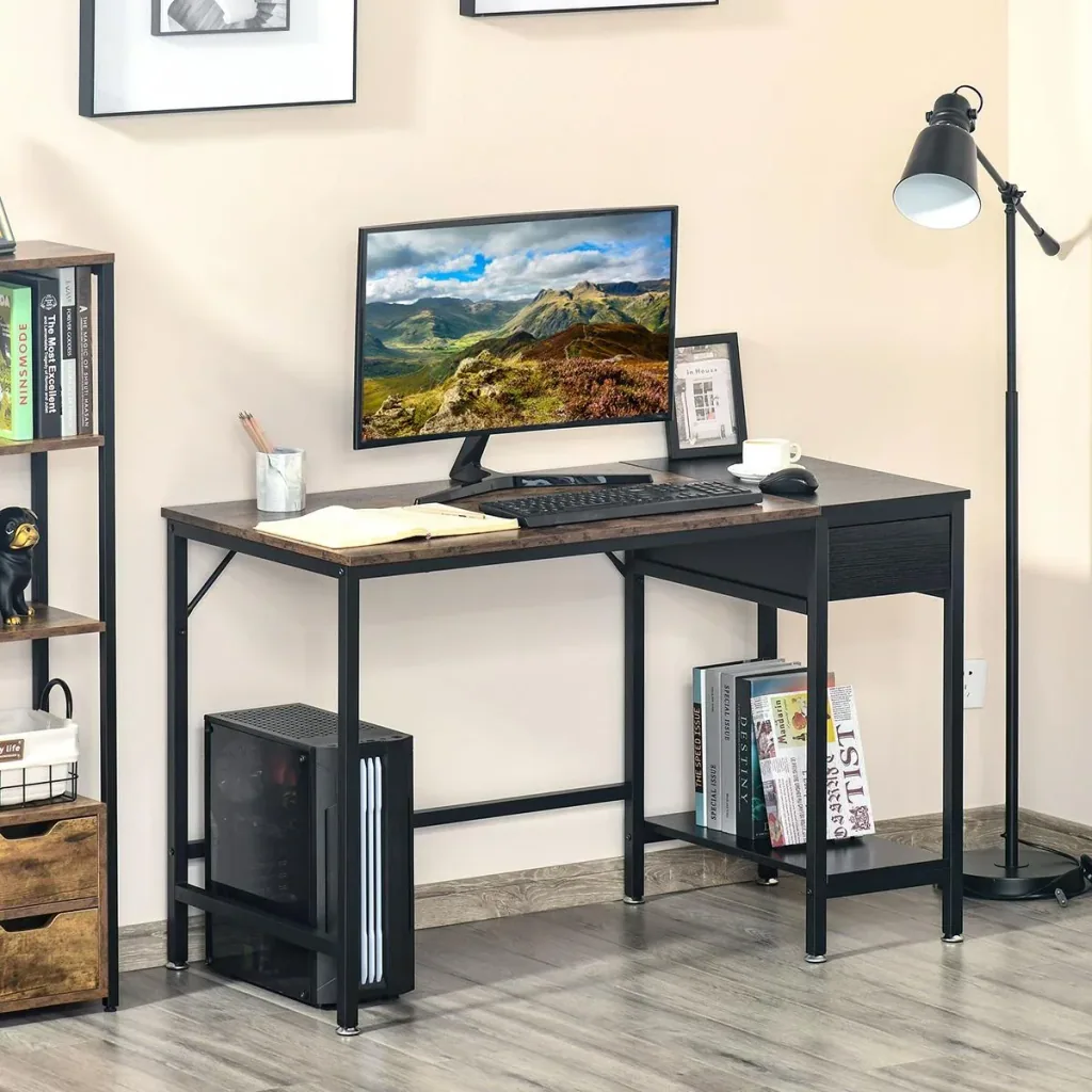 Desk with shelf computer desk height adjustable office table chipboard metal rustic brown+black 120 x 60 x 75