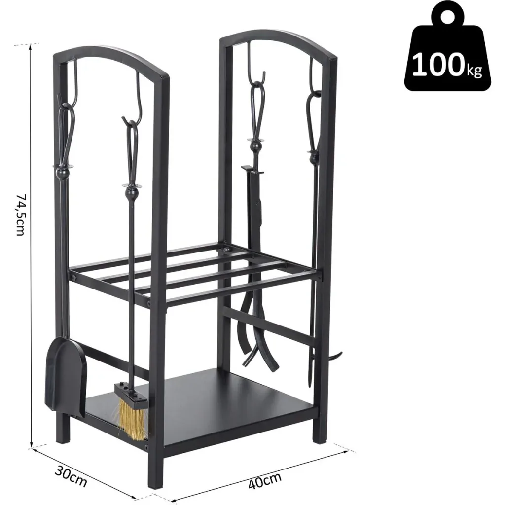 Firewood stand with fireplace tools black