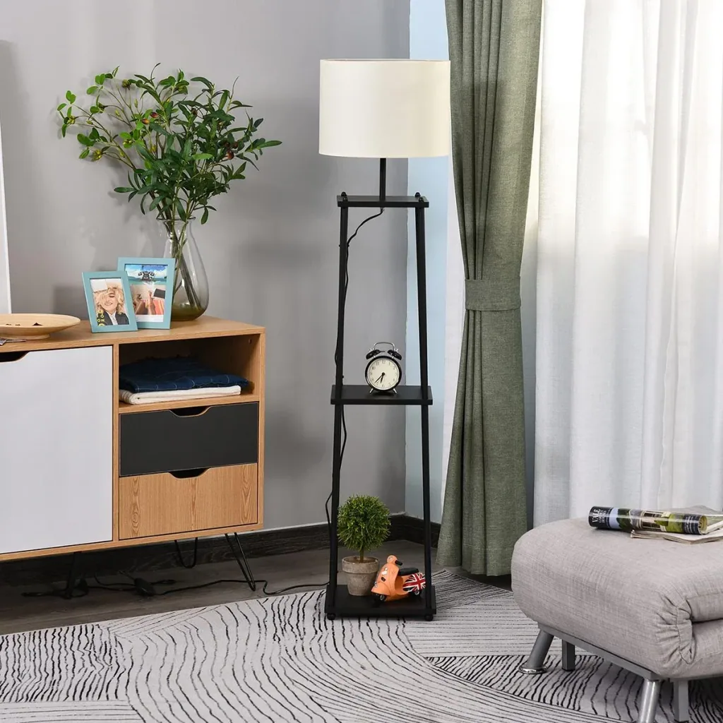Floor lamp with shelf black+cream white
