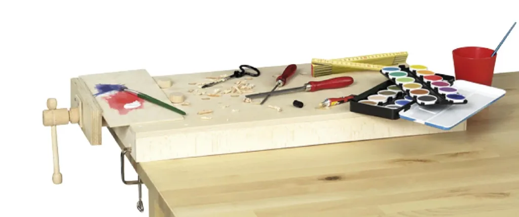 Solid wood workbench top with clamping device and table attachment