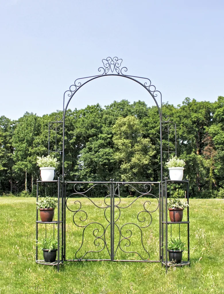 Rose arch "Laki" with gate and corner shelves