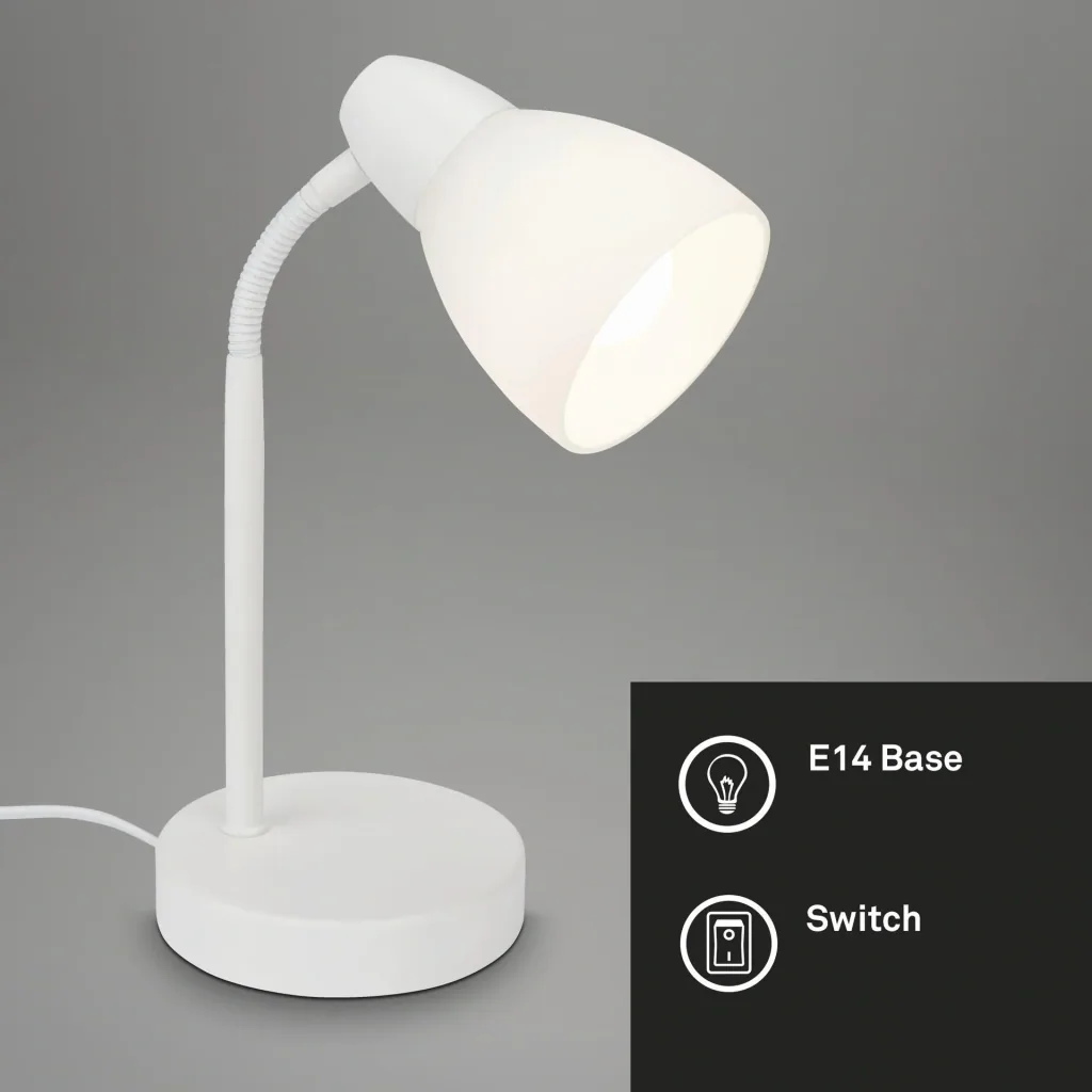 MASANI table lamp, metal base, opal glass, white, cable switch, E14 socket