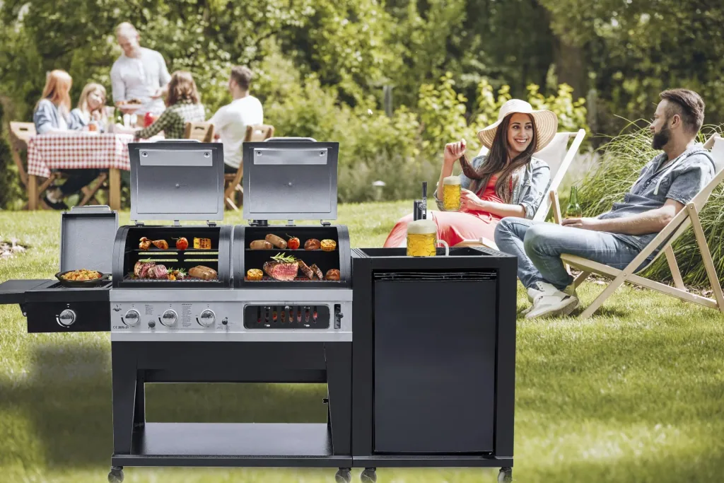 Grill combiné 3 en 1 avec refroidisseur à bière et système de tirage