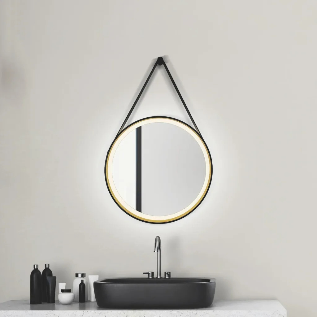 Decorative round wall mirror with LED lighting in black/gold matt Ø 55 cm