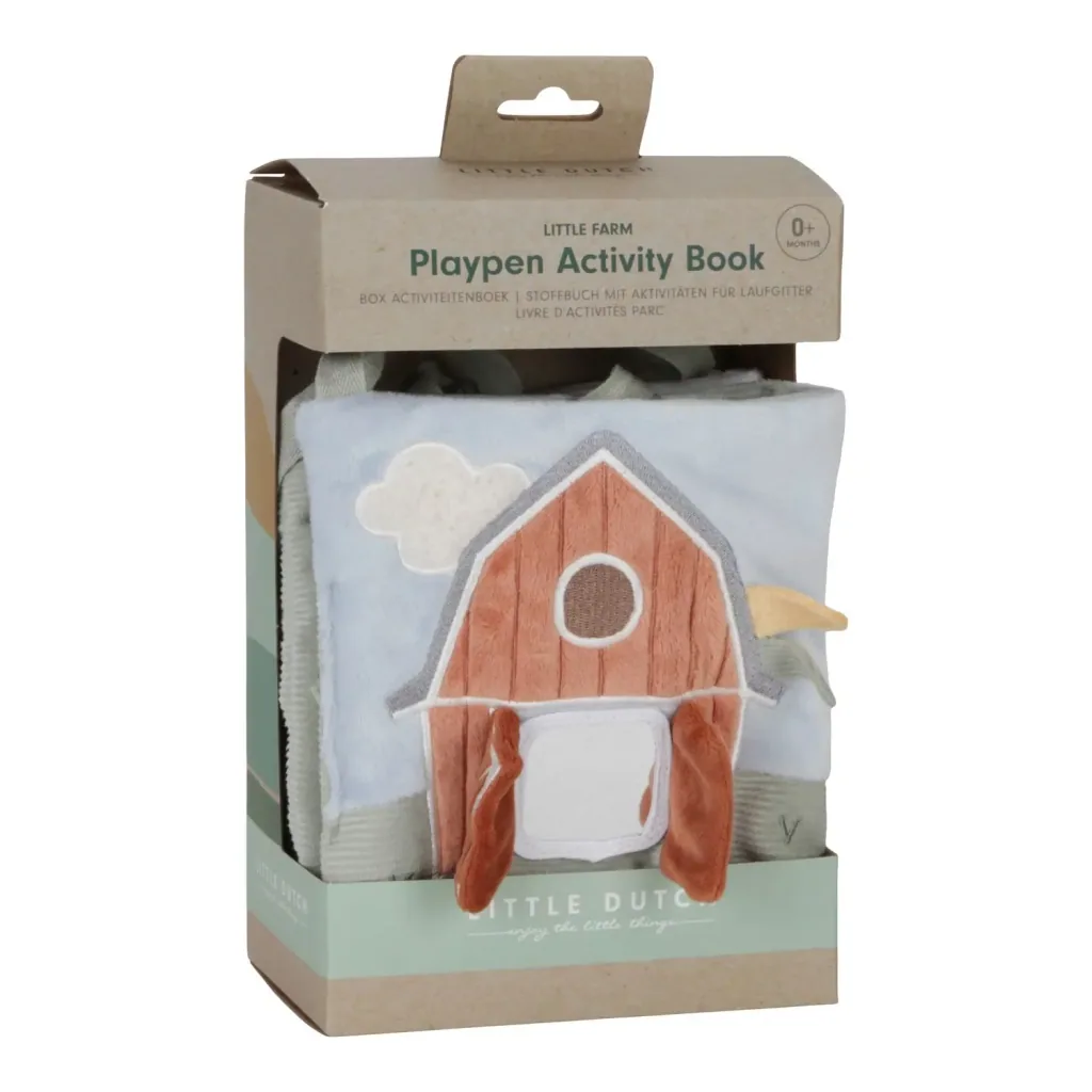 Little Dutch Livre d'activités en tissu pour parc bébé, jouet à suspendre – Little Farm, avec hochet, miroir et effets froissés
