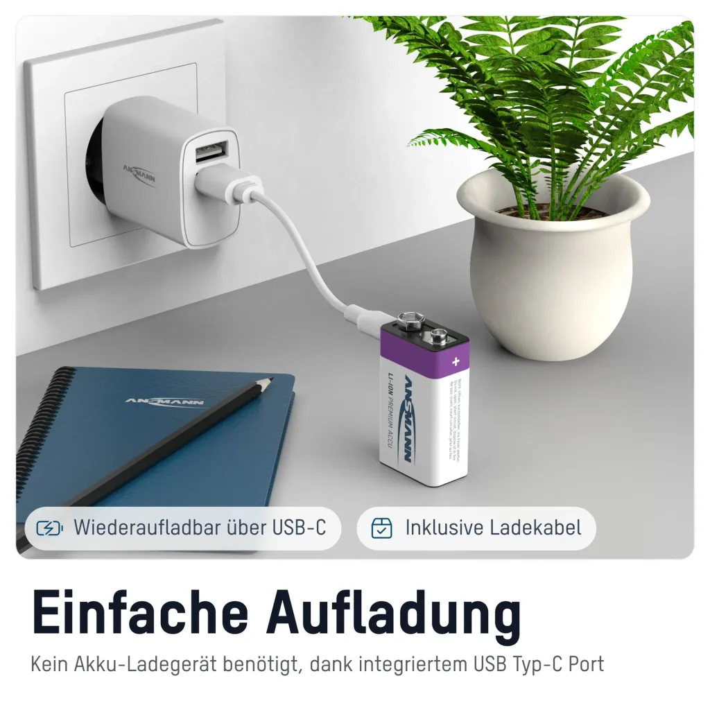 Batterie lithium-ion 9V E-Block USB-C 1 pièce, arrêt de sécurité