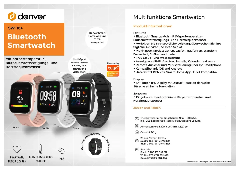 Bluetooth Smartwatch with body temperature sensor, blood oxygen saturation and heart rate sensor, black