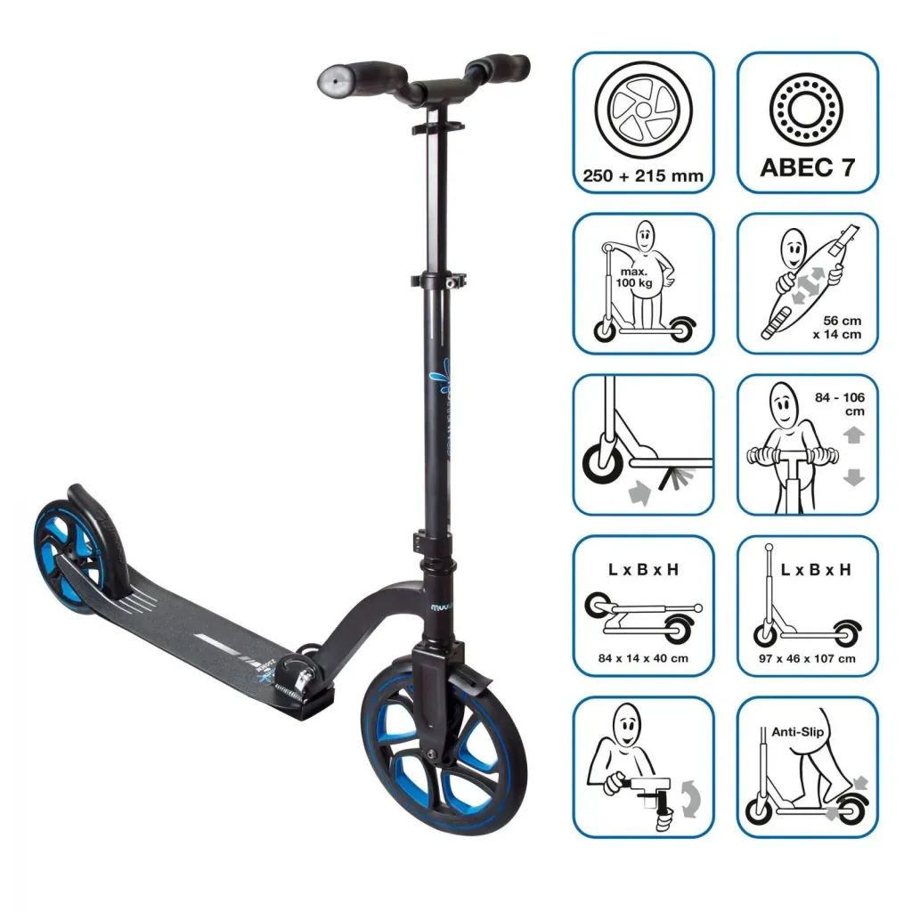 Aluminium Scooter Pro, kick scooter, 250/215 mm, ABEC 7, height adjustable, blue