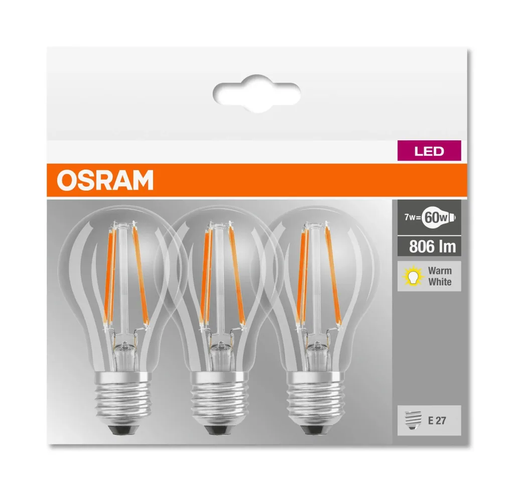 BASE FILAMENT LED lamp with 7 watts, E27, warm white, clear - 3 pieces