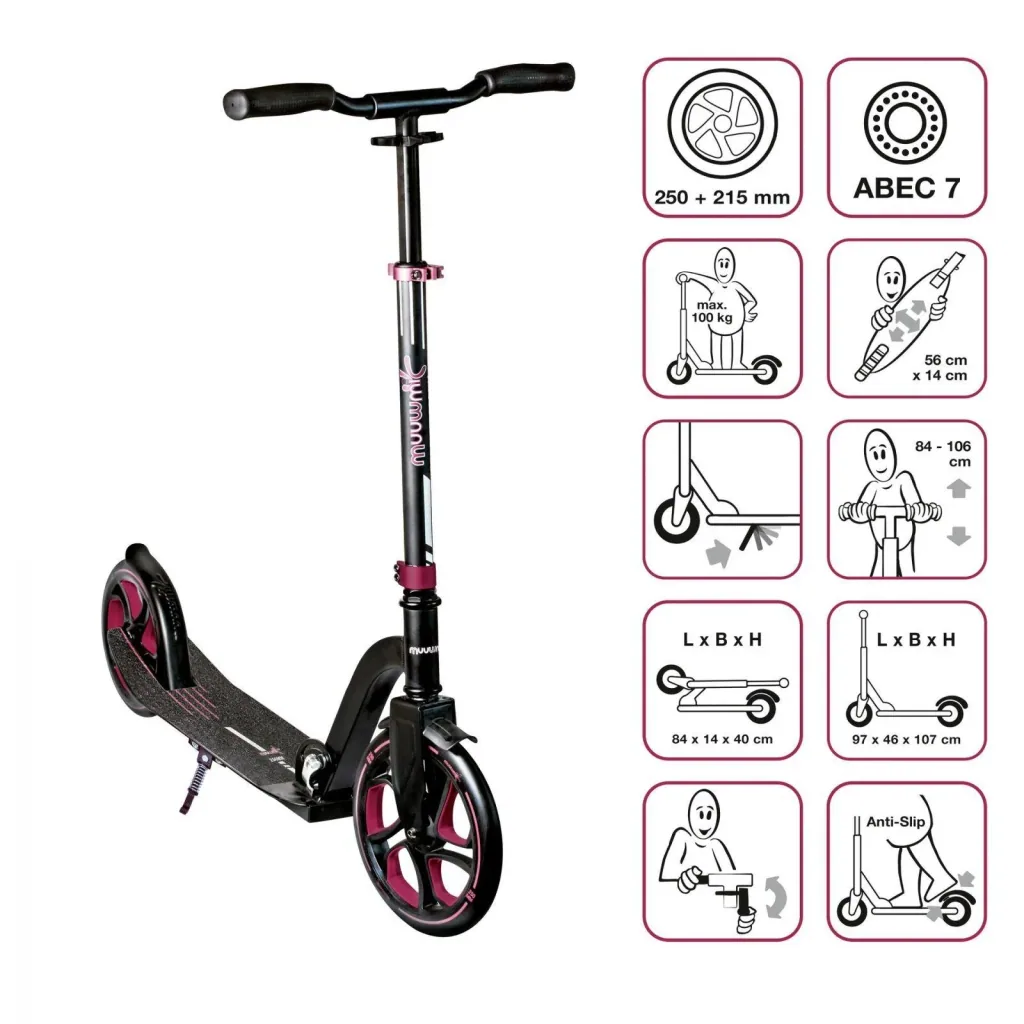 Aluminium Scooter Pro, 250/215 mm, ABEC 7, GS-tested, height-adjustable, red