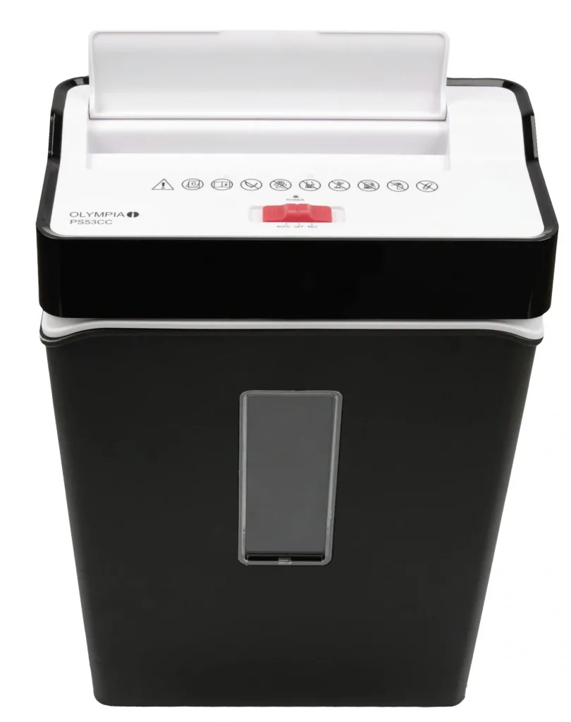 Paper shredder with particle cut, security level P4