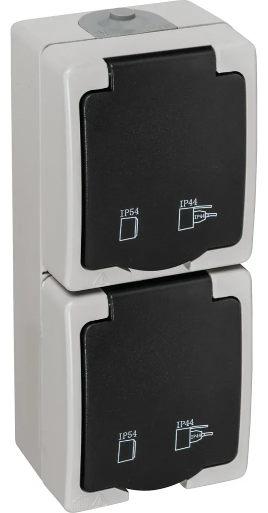 Surface-mounted damp-room protective contact socket 2-way with hinged cover, vertical