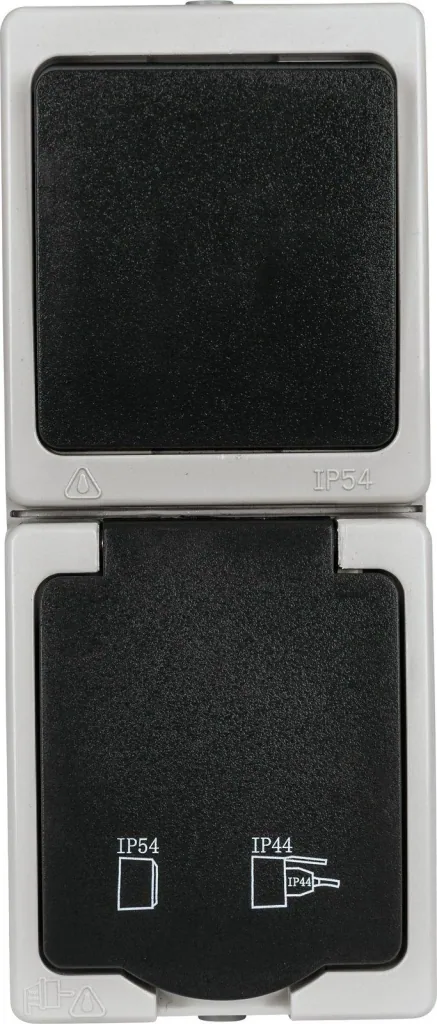 Surface-mounted damp room on/off switch socket combination, vertical