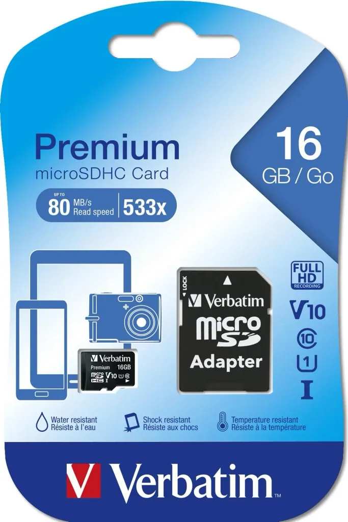 16 GB microSDHC memory card with SD card adapter, Class 10