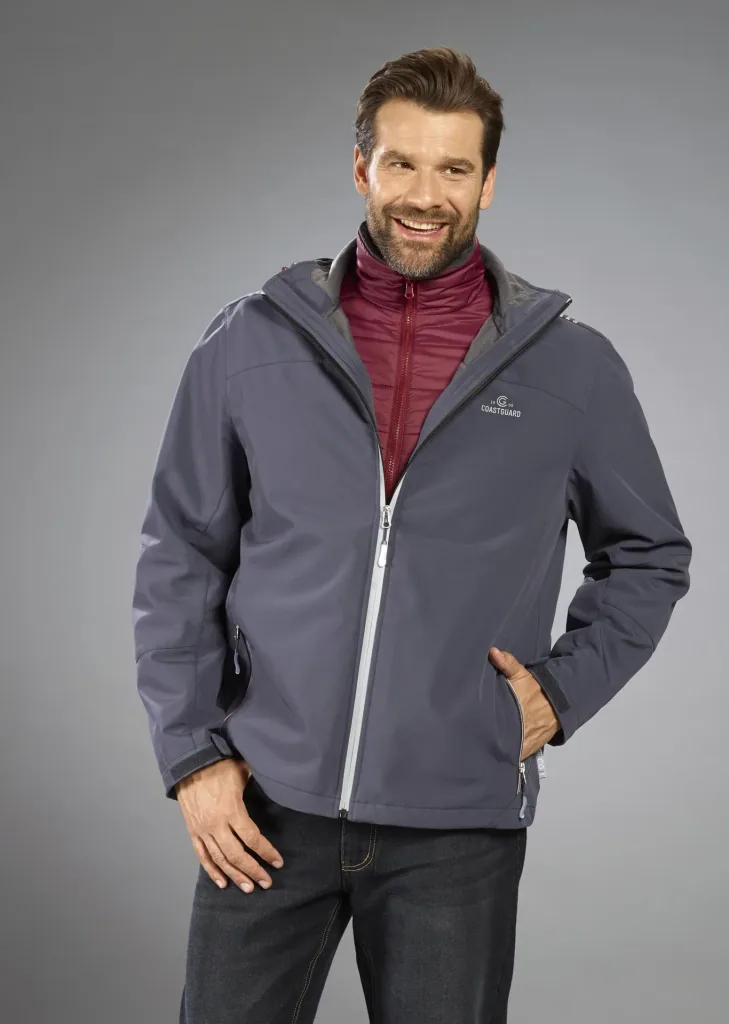 2-in-1 softshell jacket with removable inner jacket, color gray/burgundy, size M