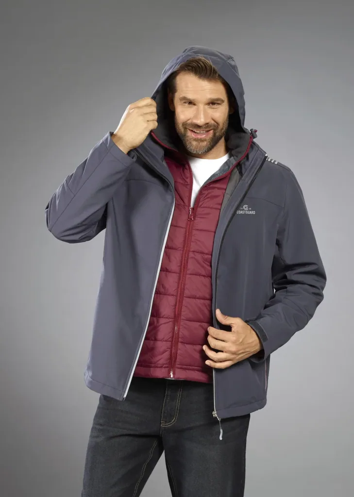 2-in-1 softshell jacket with removable inner jacket, color gray/burgundy, size M