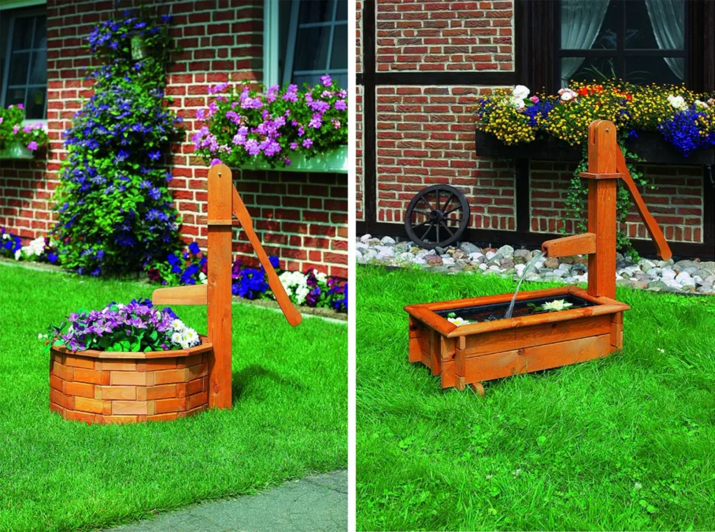 Round wooden trough with wooden handle pump