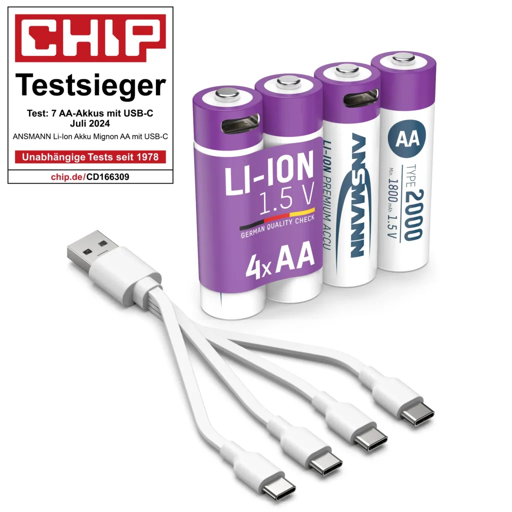 Accus lithium-ion Mignon (AA) USB-C - 4 pièces, arrêt de sécurité
