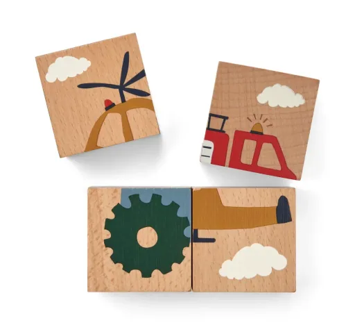 Liewood Puzzle, puzzle en bois, cubes en bois - Aage, Couleur : Vehicle / Nature