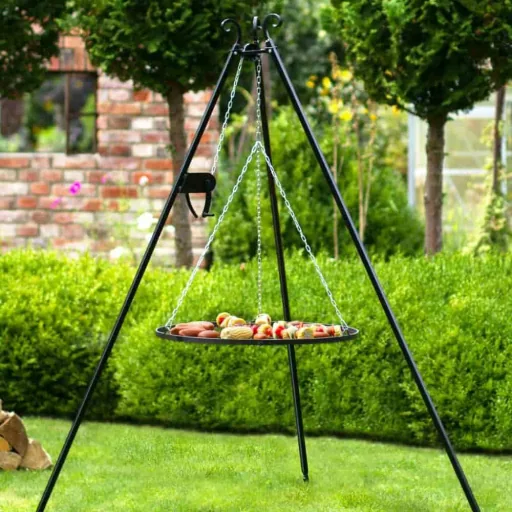Barbecue à Trépied, Grill Suspendu avec Manivelle et Rôtissoire