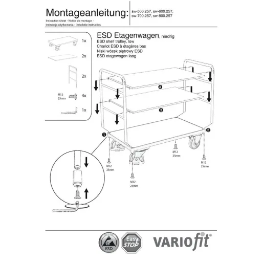 Chariot d'atelier ESD 3 Plateaux Type M + EasySTOP