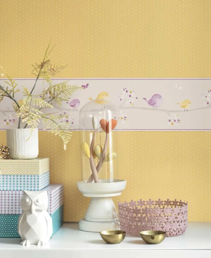 Casadeco My Little World bordure petits oiseaux bleu gris ocre