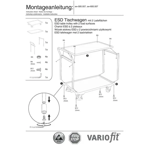 Chariot d'atelier ESD avec 2 plateaux, EasySTOP, charge 250kg