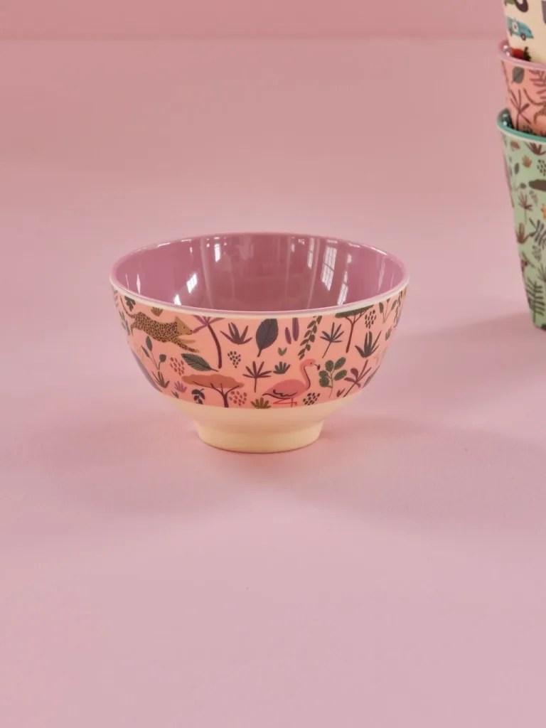 Set bol et assiette RICE, mélamine, diamètre 21 cm, couleur Coral, motif jungle