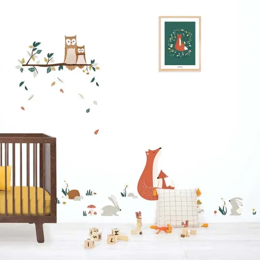 Lilipinso Poster renard et champignons vert foncé