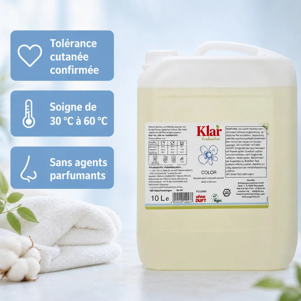 Lessive liquide couleur 10 litres, lessive sans parfum, lessive grand format