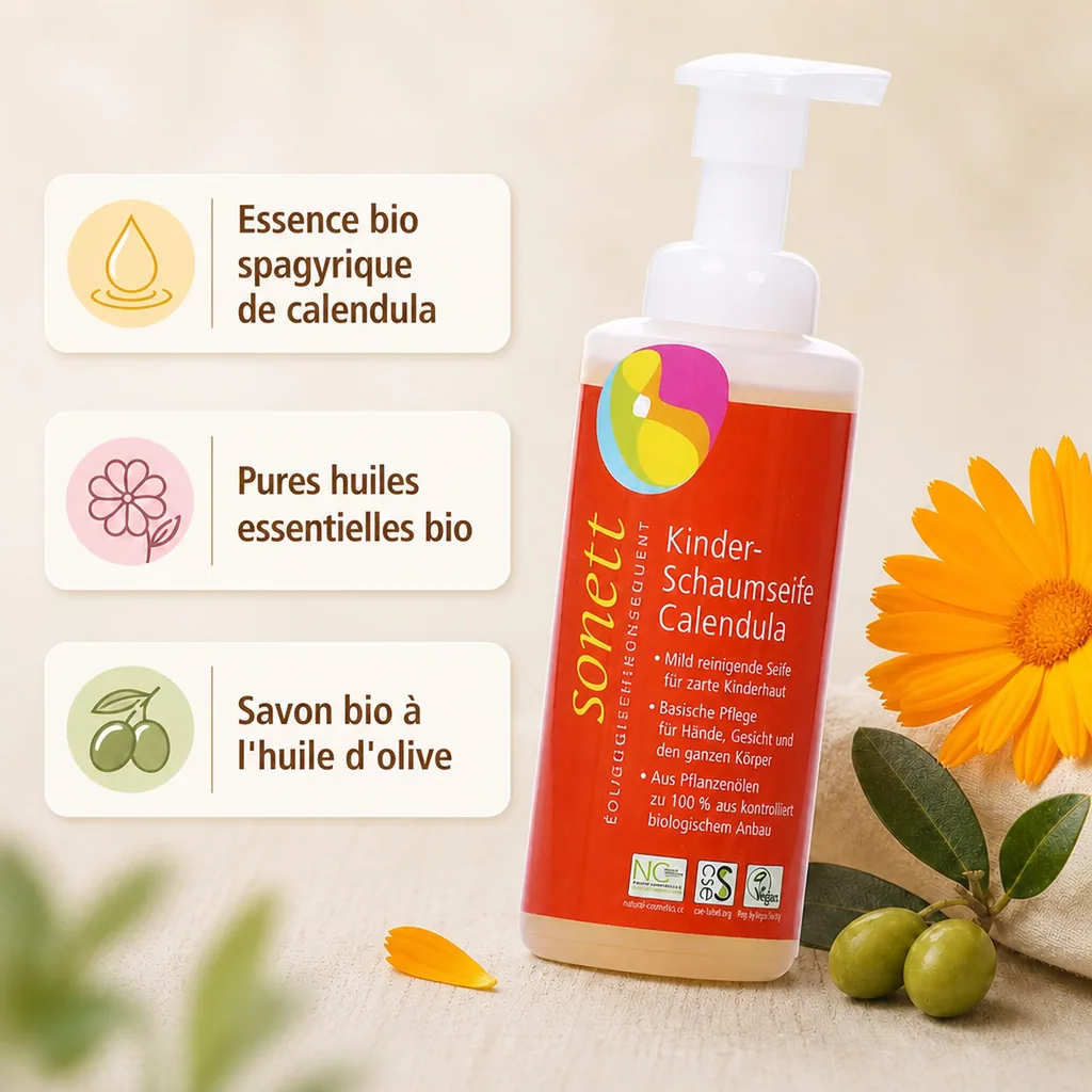 Savon mousse enfant, Calendula, 200 ml, savon bébé, en flacon pompe