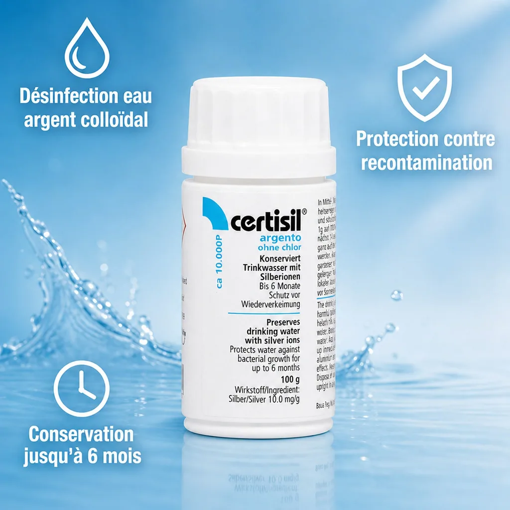 Purification eau sans chlore, Certisil Argento CA 10.000 P, 100g poudre sans chlore, desinfection eau potable