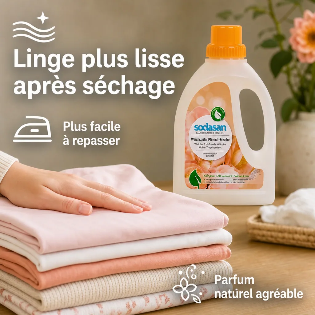 Adoucissant linge 750ml, pêche, adoucissant écologique, linge peaux sensibles