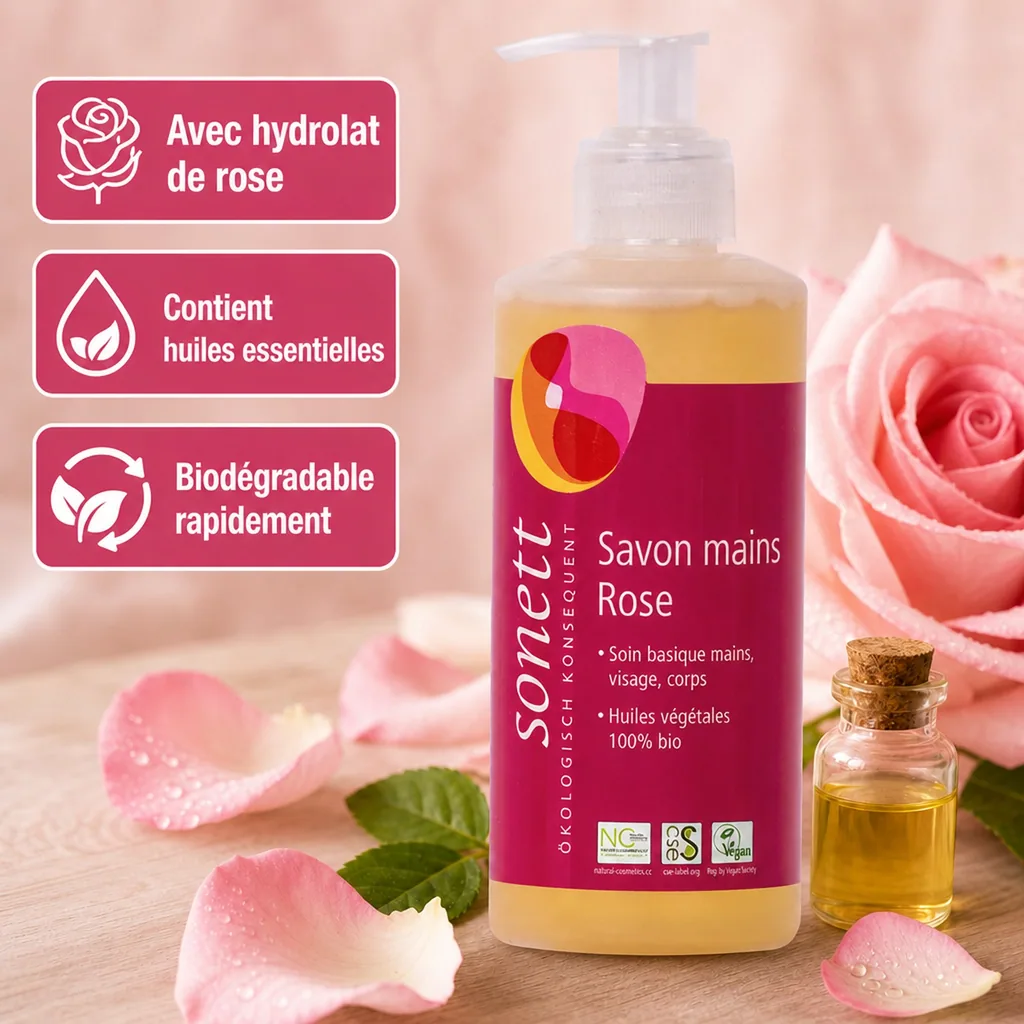 Savon mains rose 300ml, savon liquide, distributeur