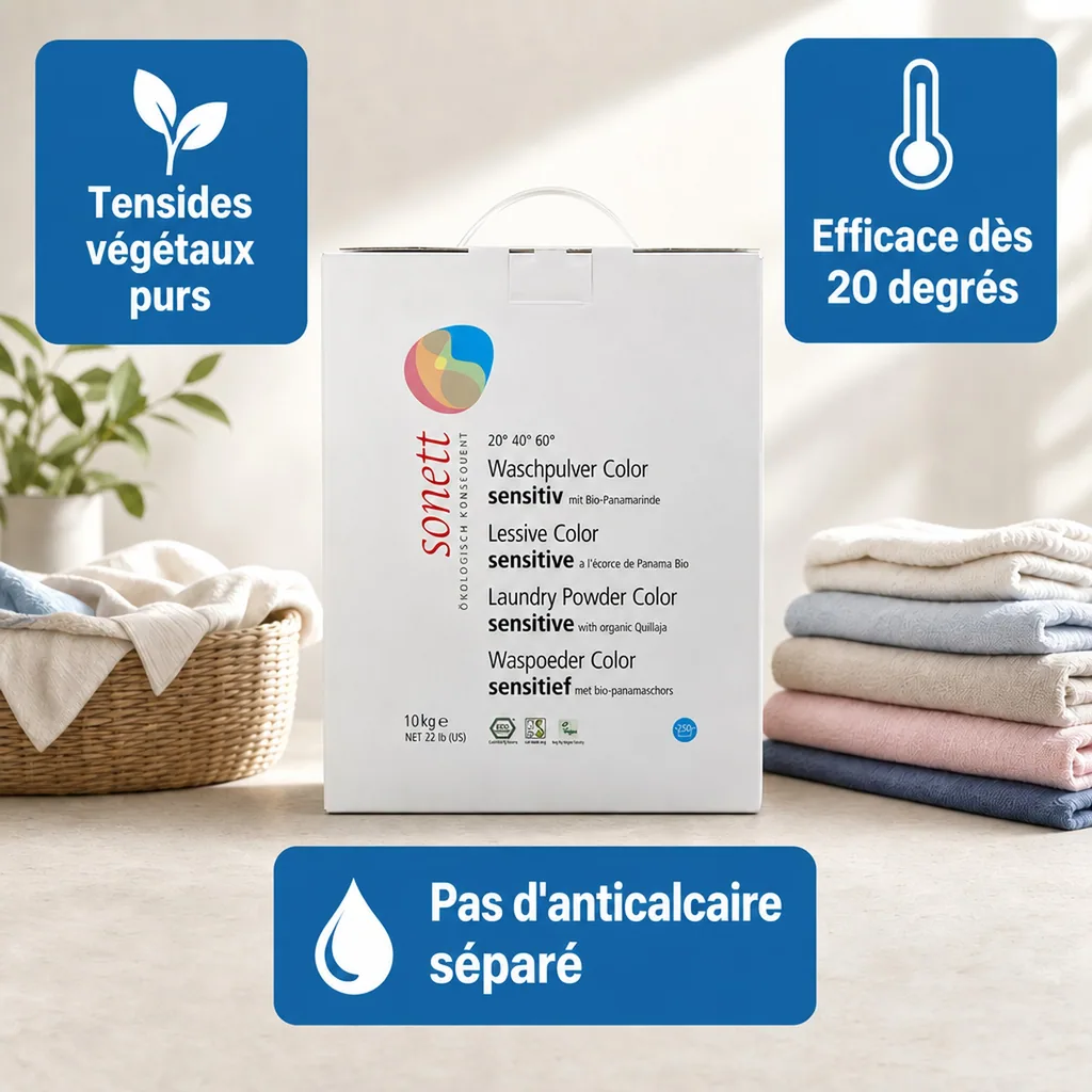 Lessive en poudre couleur 10kg, lessive sensitive, lessive peau sensible