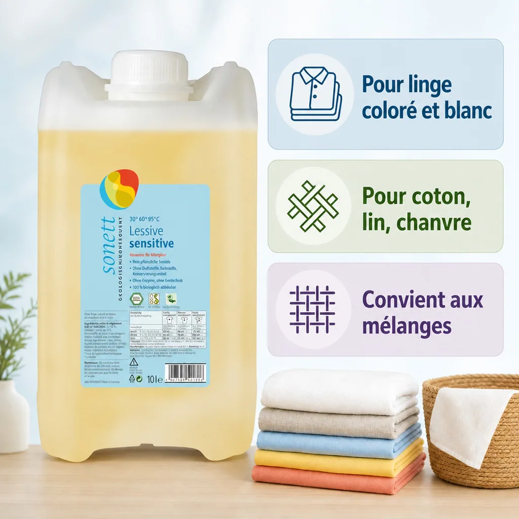 Lessive liquide sensitive 5 litres, sans parfum, lessive peau sensible