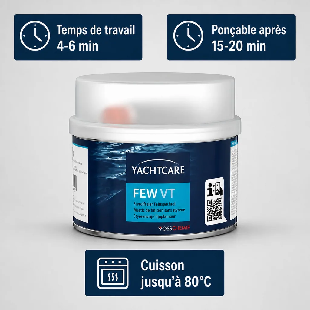 Mastic de finition sans styrène, Mastic bateau, Mastic de lissage, Mastic fin, 500 g